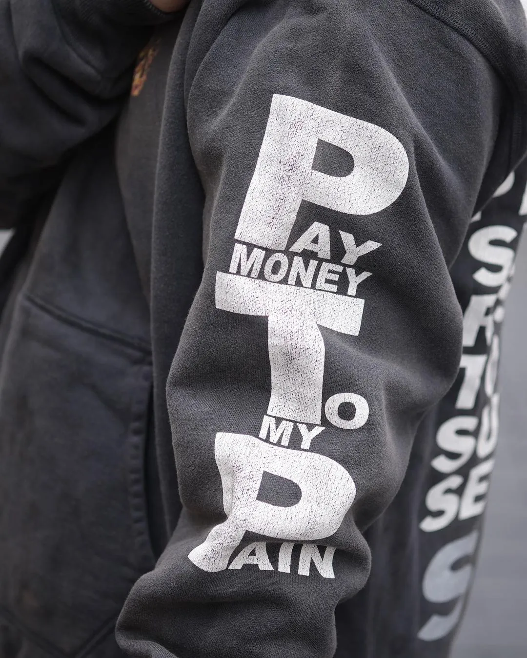 SAINT Mxxxxxx × PAY MONEY TO MY PAIN PTP_HOODIE/BRAND MONEY/BLK Co-branded PTP Virgin Mary dollar hoodie Washed black S-XL Assute dyeing The whole piece is sprayed with horse fade Mold customization joint main mark/washed mark Factory four-needle and six-thread workmanship No bone seams More comfortable to wear Repeated modification of proofing Authentic grade crack printing VINTAGE value is full